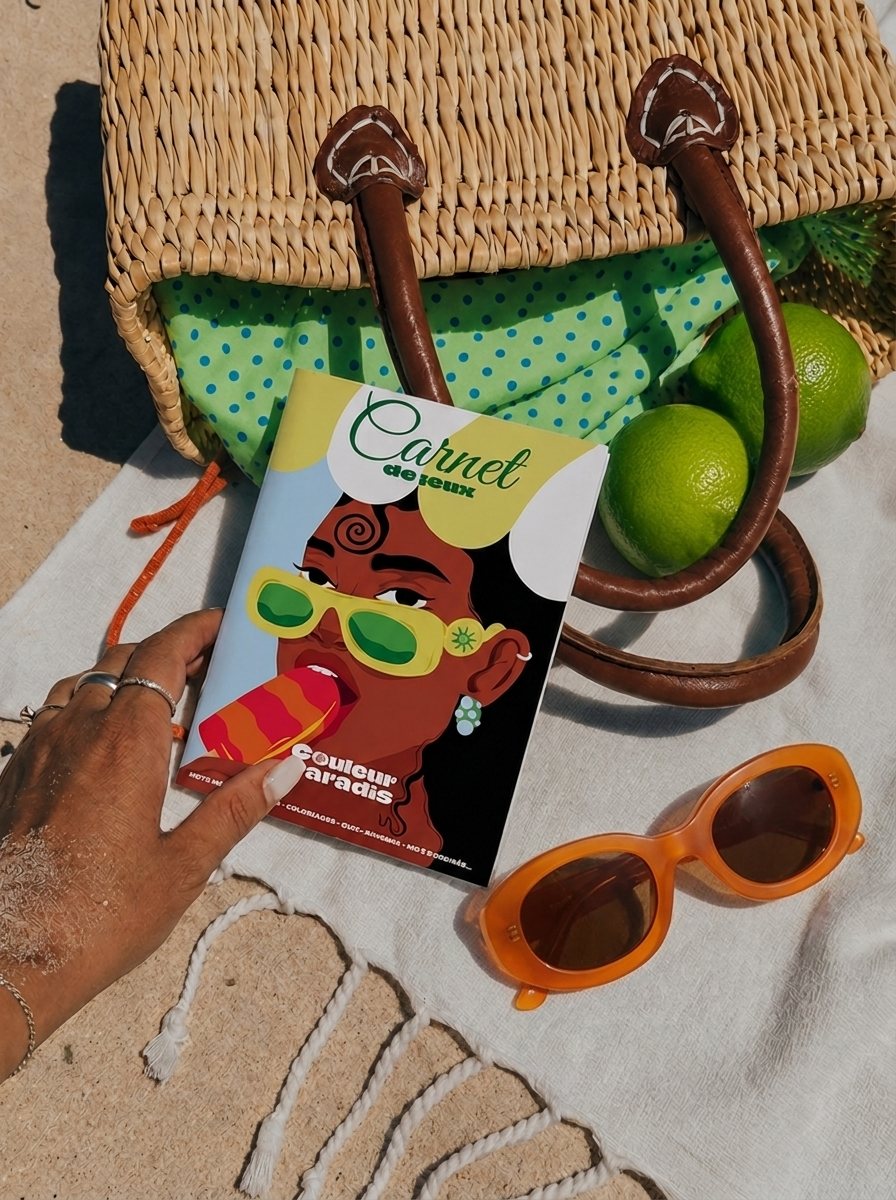 Le Carnet de jeux tenu a la main devant un panier en osier, sur une serviette de plage